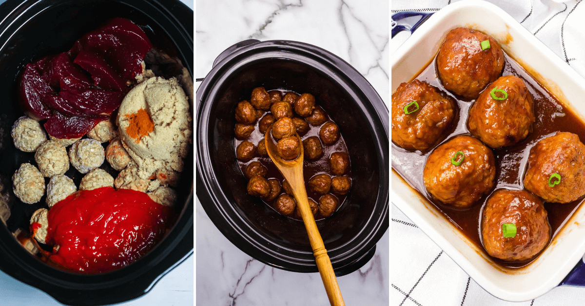 Three stages of preparing Sweet and Spicy Meatballs in sauce: raw ingredients in a slow cooker, cooking in progress, and the final cooked dish served.