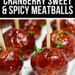 Glazed sweet and spicy meatballs served with toothpicks.