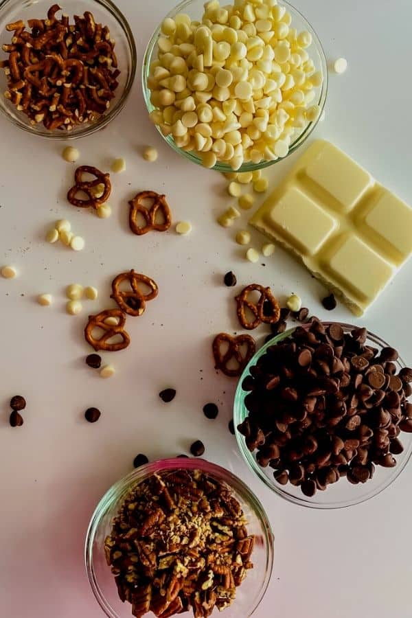 Barks, chocolate chips and nuts to make the candy.