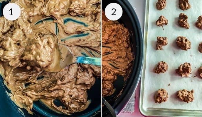 Finishing crockpot peanut clusters.