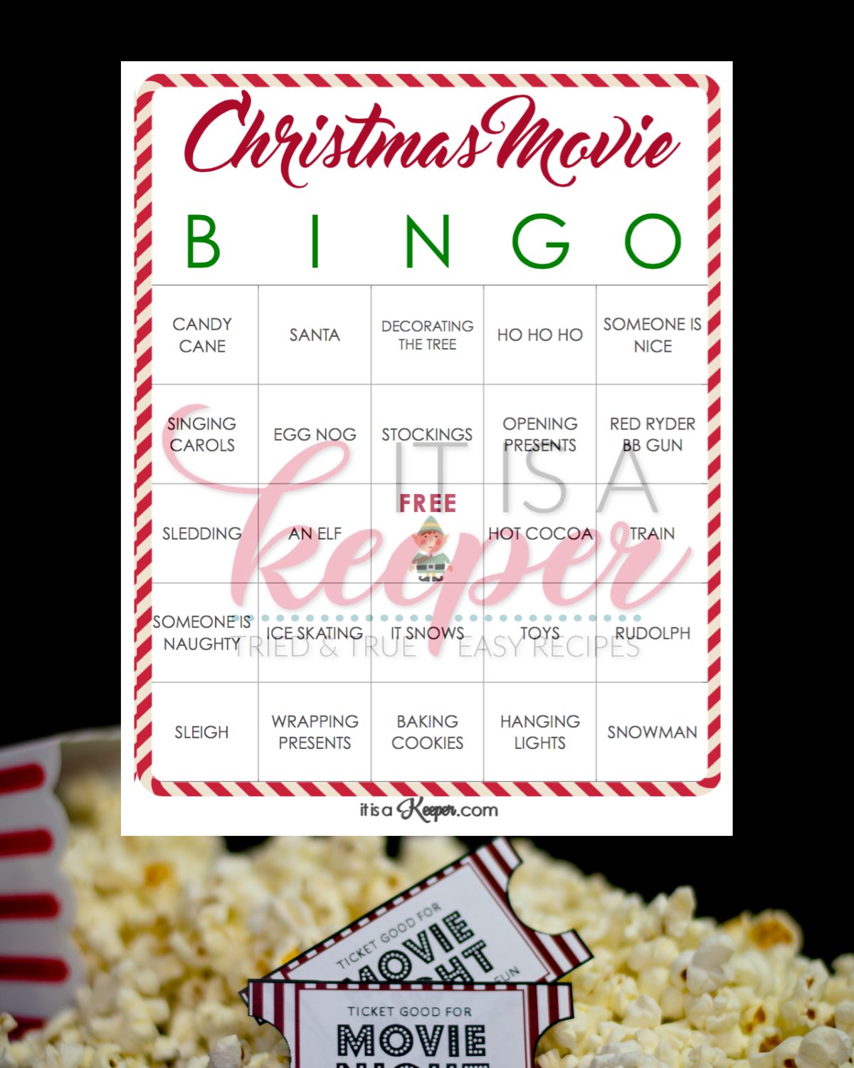 christmas movie bingo card with popcorn and movie tickets.