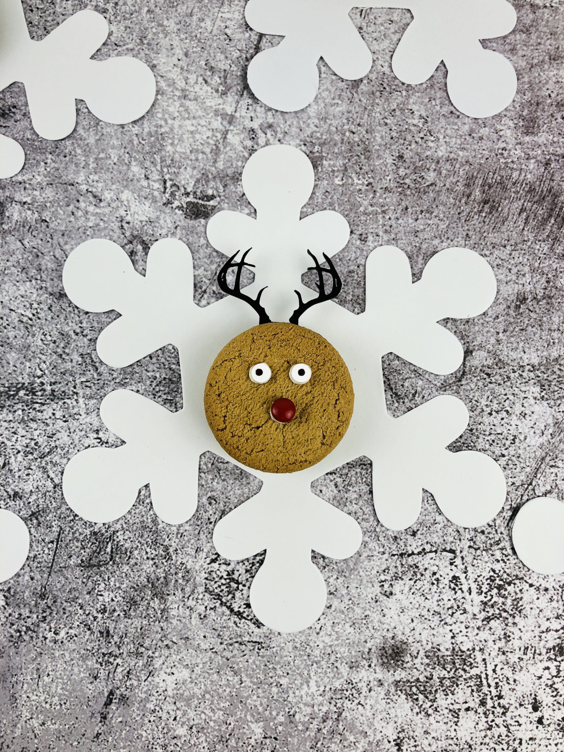 A gingerbread reindeer cookie on a snow flake.