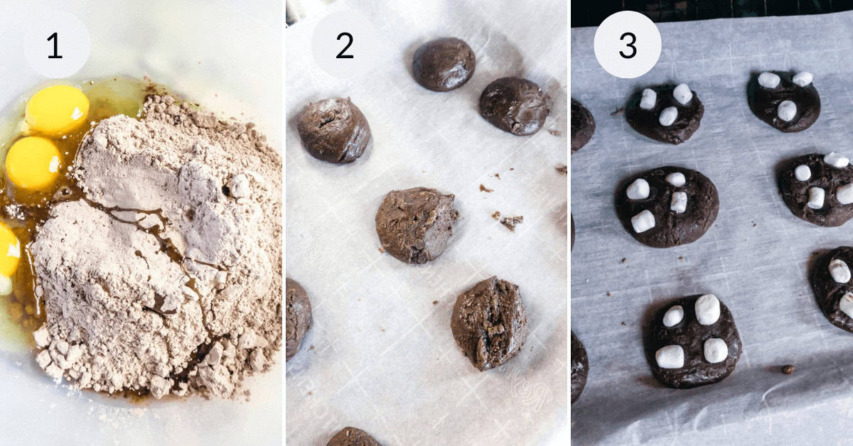 Mixing the batter and putting the cookies on a tray.