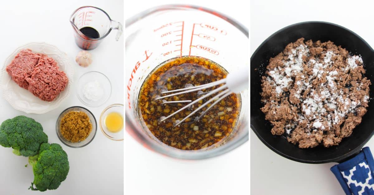 Three images show the process of making Korean Beef and Broccoli: raw ingredients including broccoli, ground beef, and seasonings; a whisk mixing sauce in a measuring cup; and cooked ground beef with salt in a skillet.