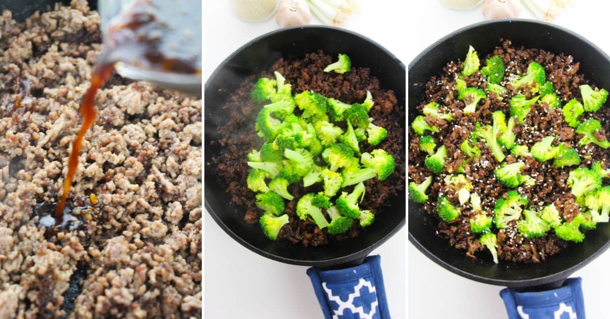 Three images show Korean Beef and Broccoli in a skillet: sauce being poured, broccoli added, then the mixture cooked with sesame seeds sprinkled on top.