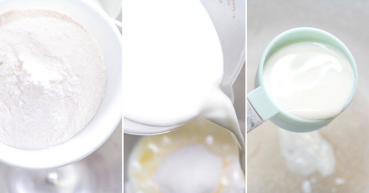 Three panels showing flour in a bowl, milk being poured into a mixture—a step perfect for making no bake chocolate eclair cake—and a measuring cup filled with milk above a mixing bowl.