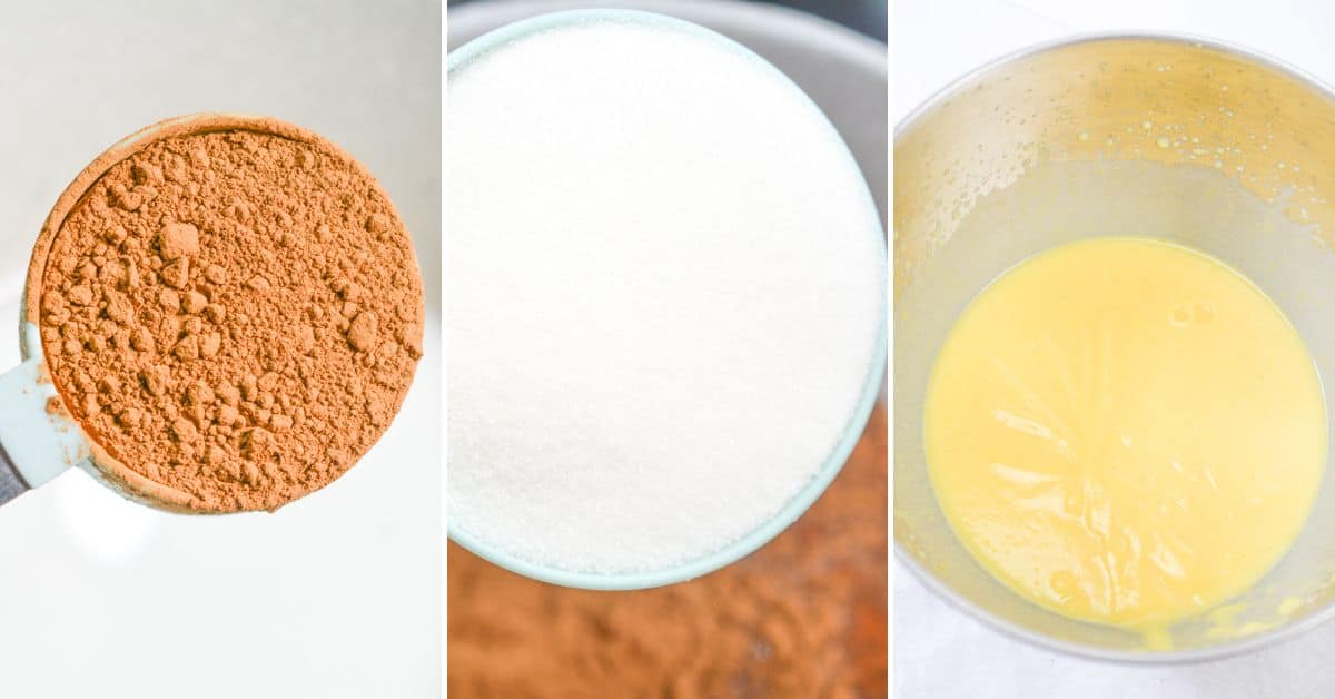 Three-panel image showing a measuring cup with cocoa powder, a bowl of granulated sugar, and a mixing bowl with yellow liquid being whisked for no bake chocolate eclair cake.