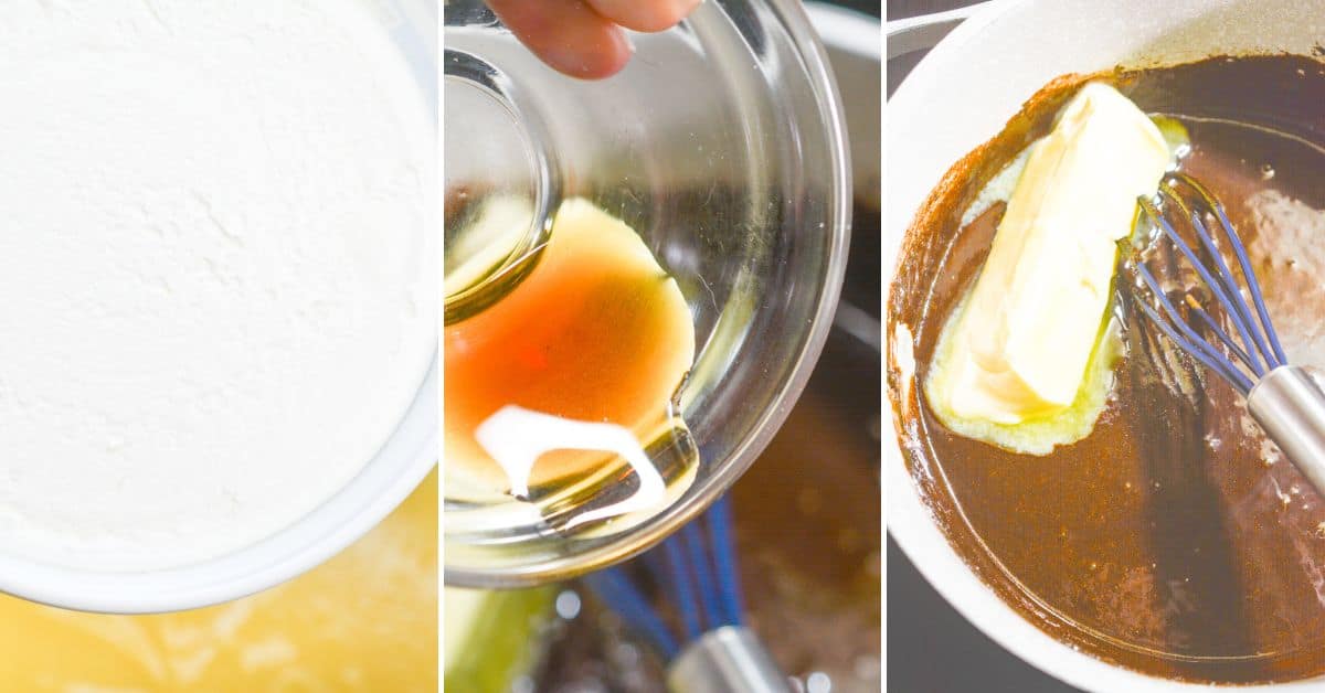 Three-panel image showing flour in a bowl, vanilla extract being poured into a mixture, and butter being whisked into a chocolate mixture in a saucepan for a no bake chocolate eclair cake.