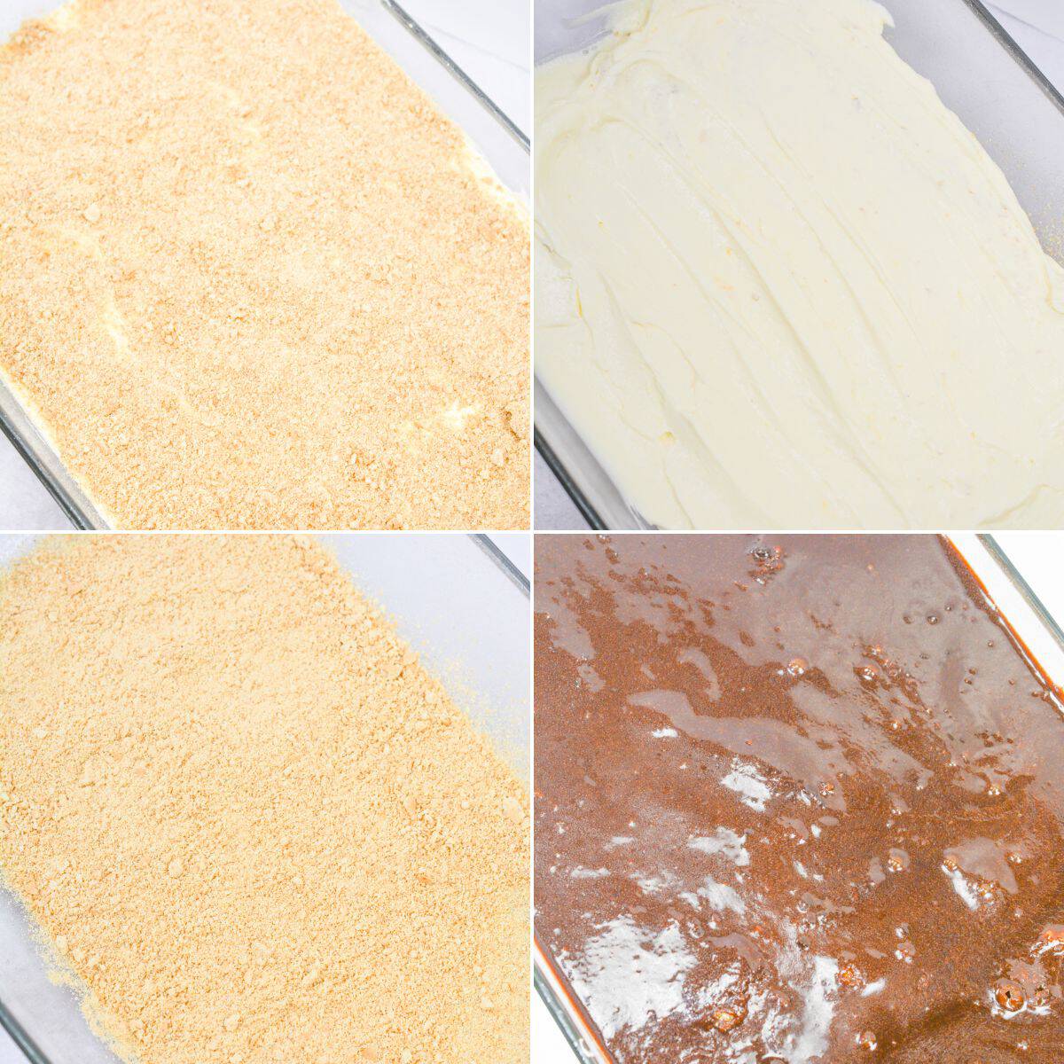 Four-panel image showing the step-by-step layering of a no bake chocolate eclair cake: graham cracker crust, cream filling, more crumbs, and a chocolate topping in a baking dish.