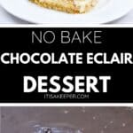 A slice of no bake chocolate eclair cake is served on a plate, with the remaining dessert in a dish displaying rich chocolate topping and creamy layers over graham crackers.