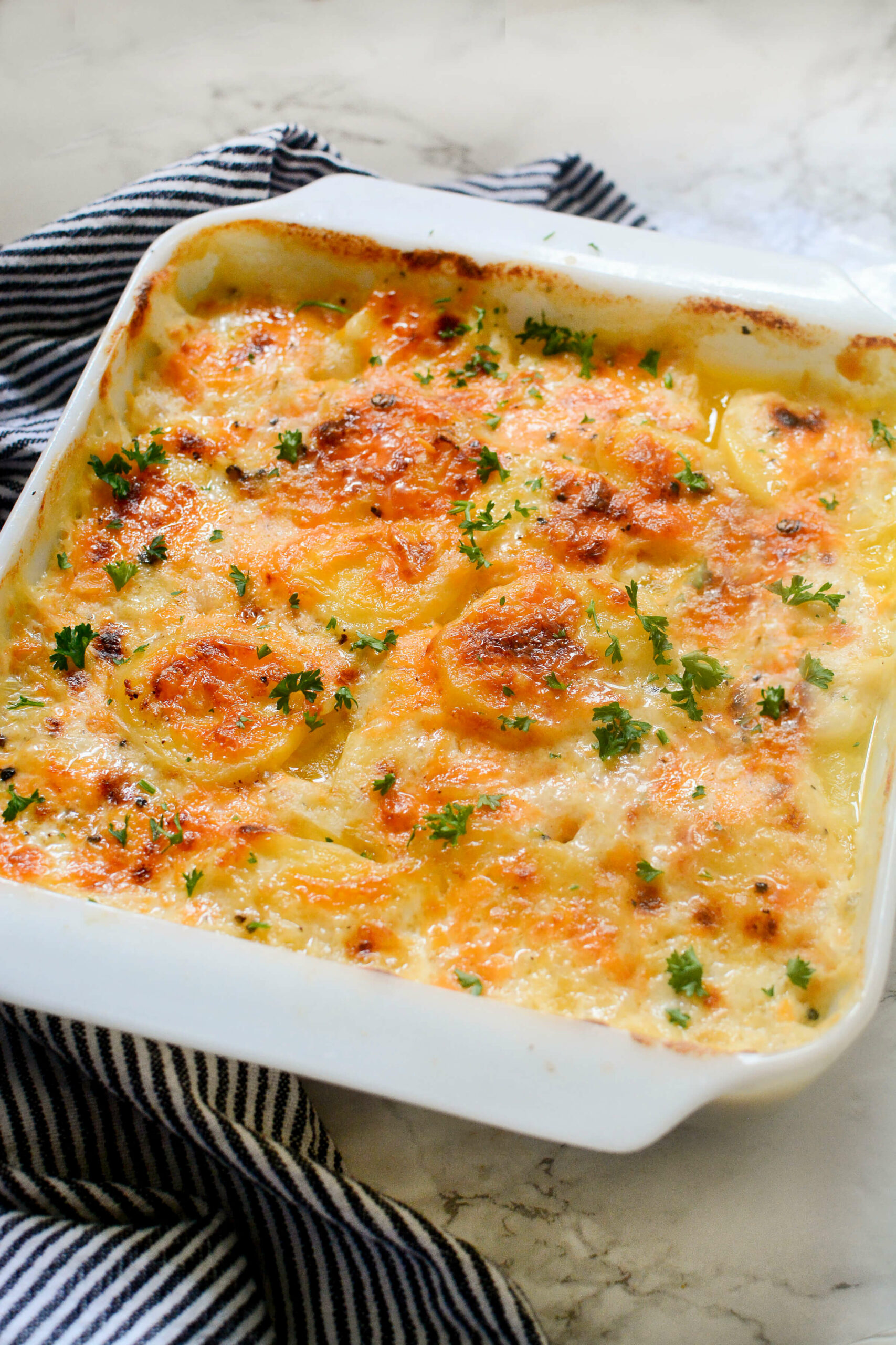 A top shot of the Scalloped Potatoes with Gruyere.