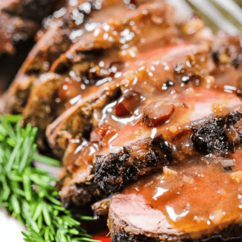 A slow roasted beef tenderloin with port wine sauce.