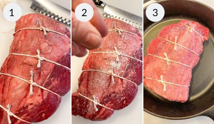 Tying up the beef tenderloin.