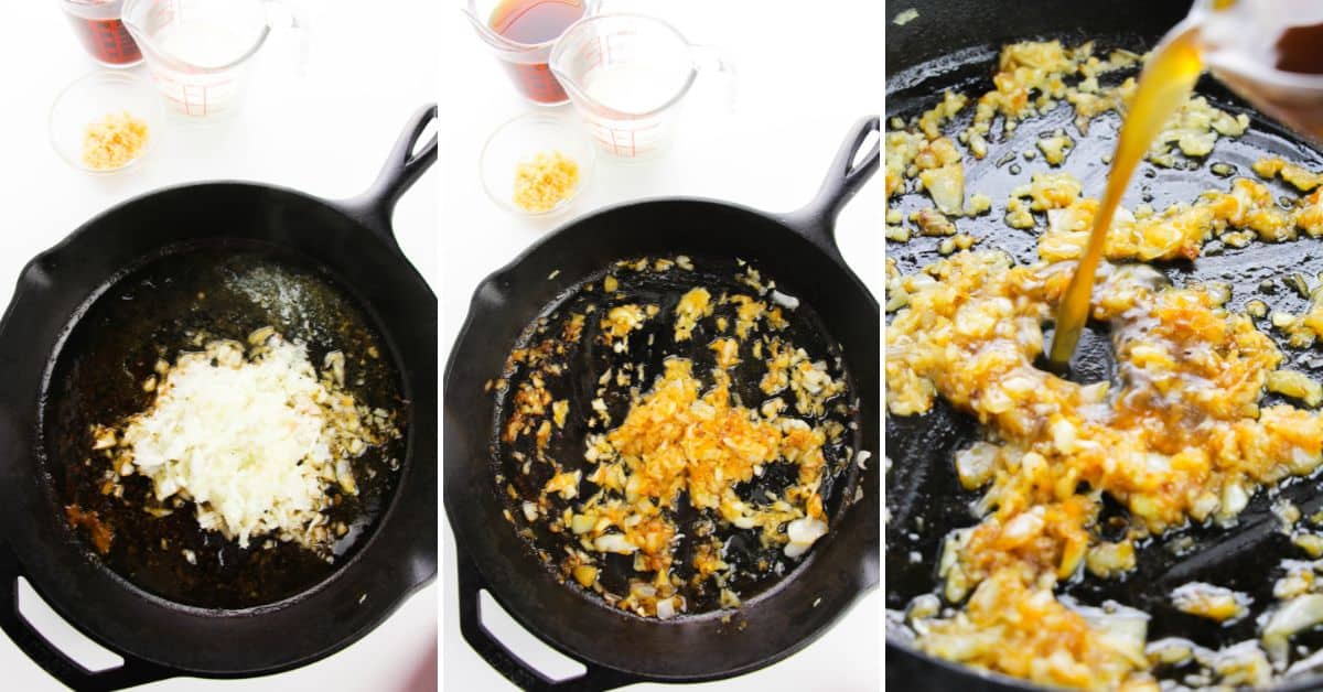 Three-step cooking process for Smothered Steak and Gravy in a cast iron skillet: sauté chopped onions and garlic, add spices, then pour liquid from a measuring cup into the mixture.