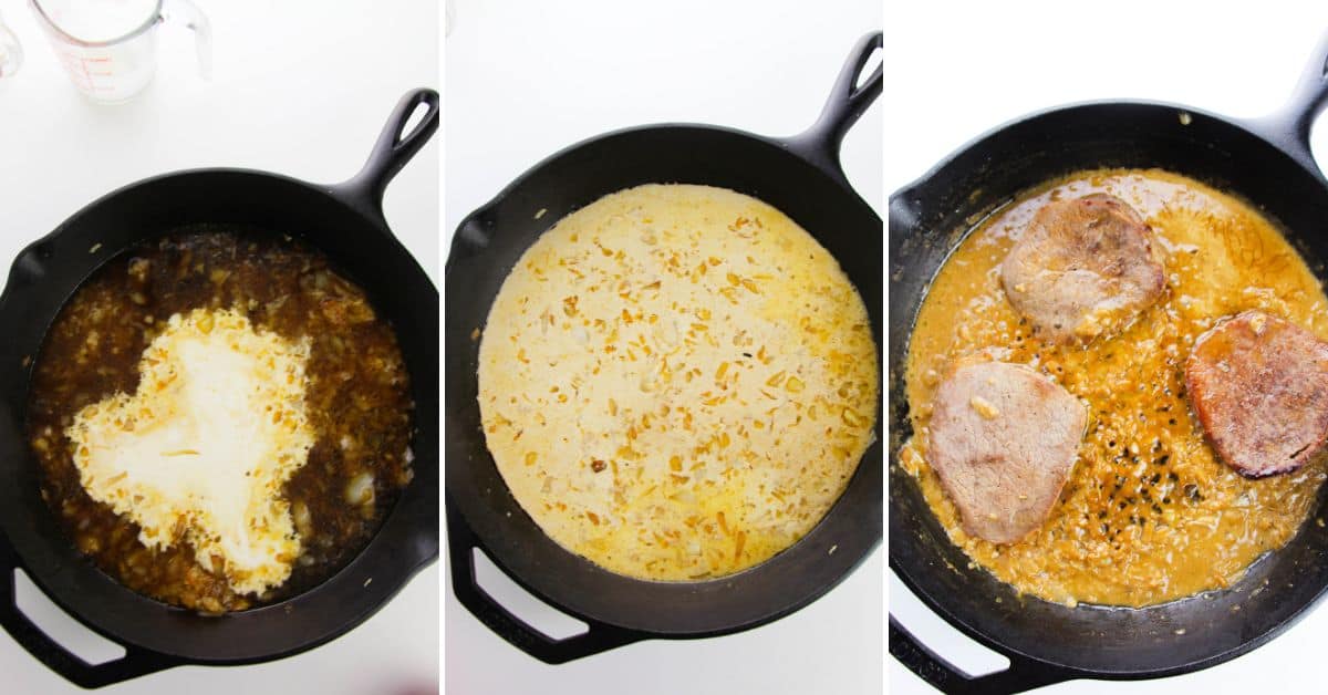 Three-step cooking process in a skillet: first with sauce and cream, then with sauce simmering, and finally with pork chops added—just like preparing classic Smothered Steak and Gravy.