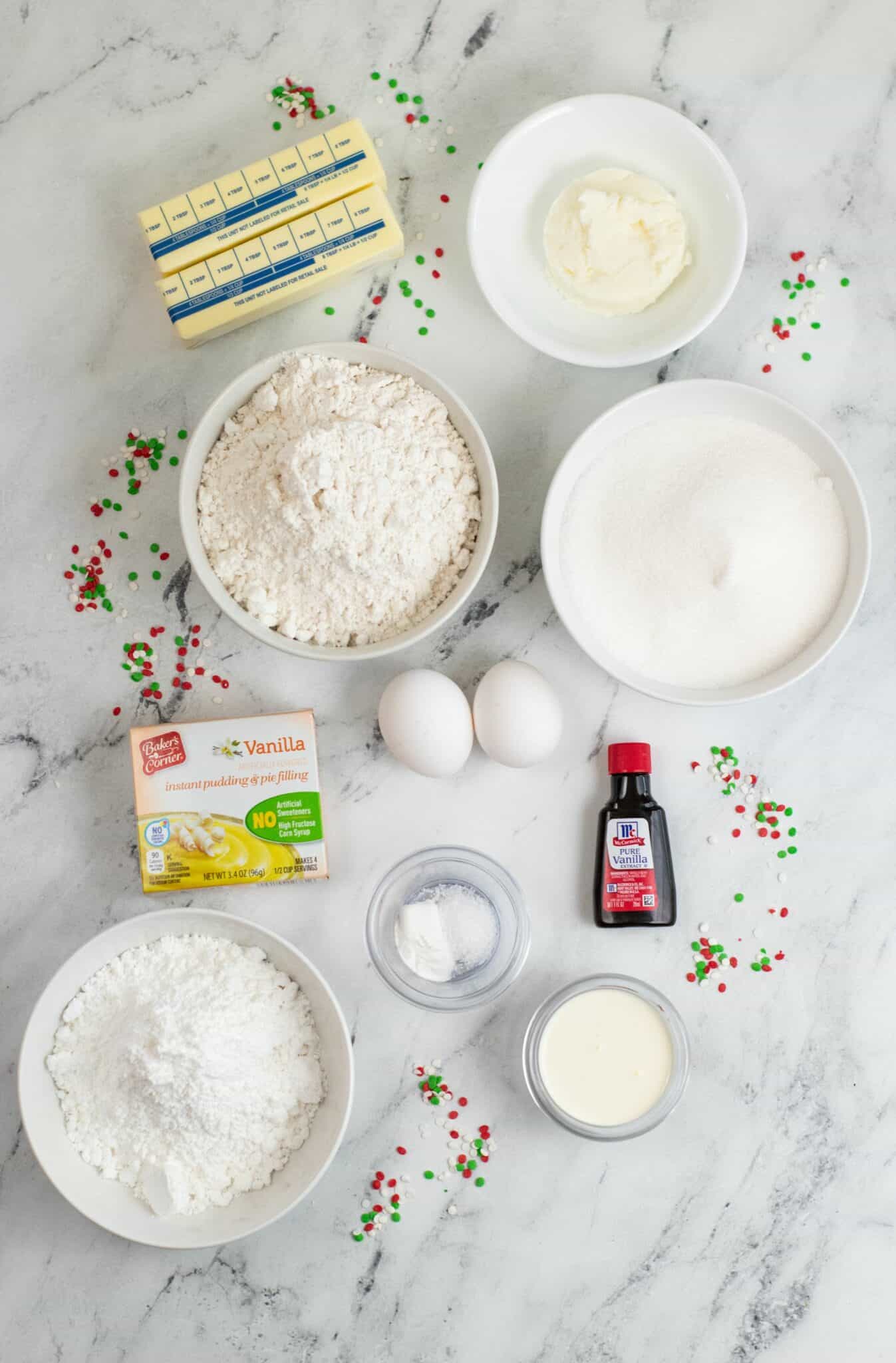 Sugar, flour, pudding mix for the cookies.