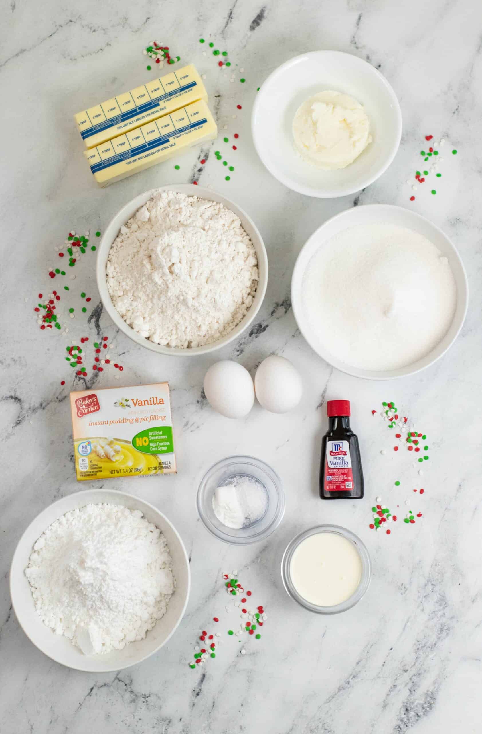 Sugar, flour, pudding mix for the cookies.