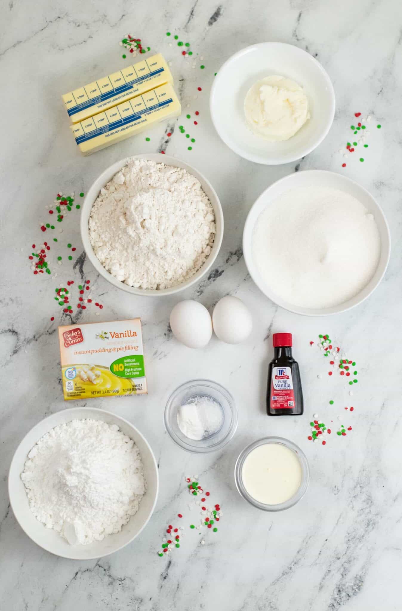Flour, sugar, pudding etc.