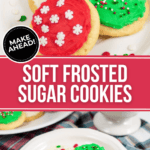 A close up and plate of the soft frosted sugar ookies.
