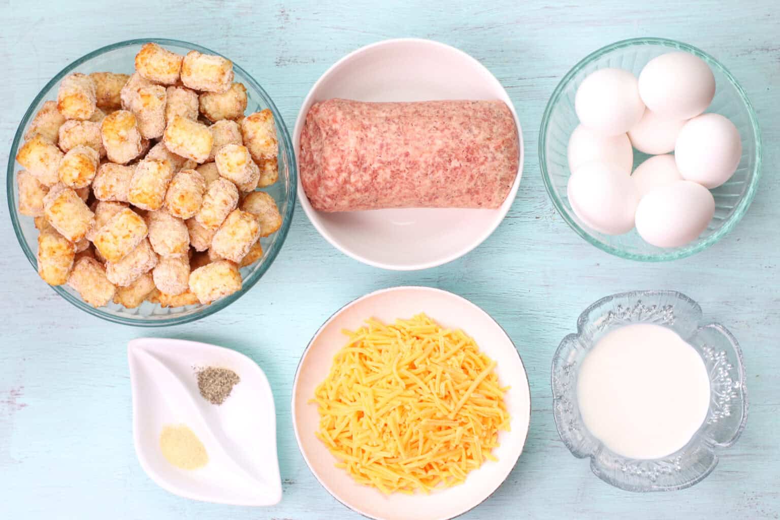 Potatoes, eggs, sausage and cheese.