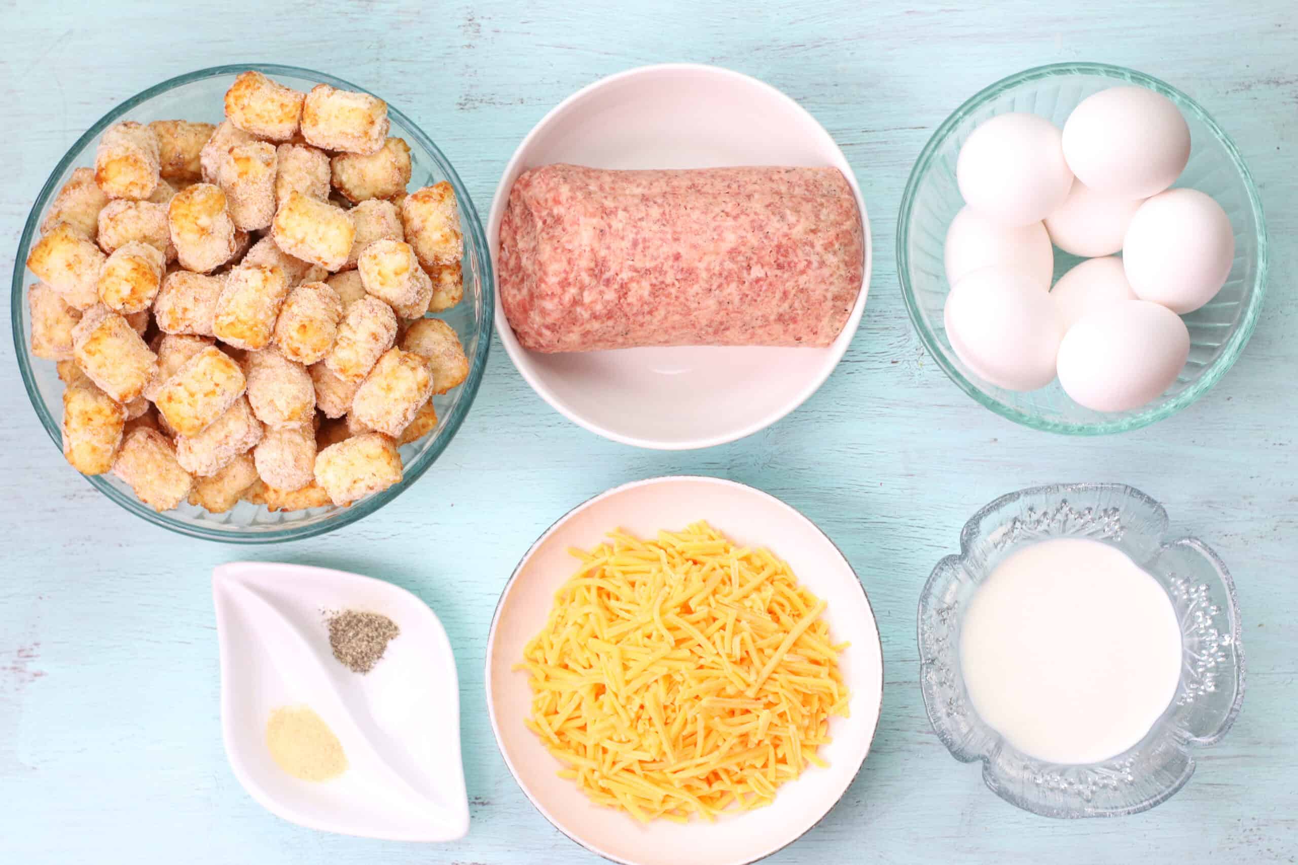 Potatoes, eggs, sausage and cheese.