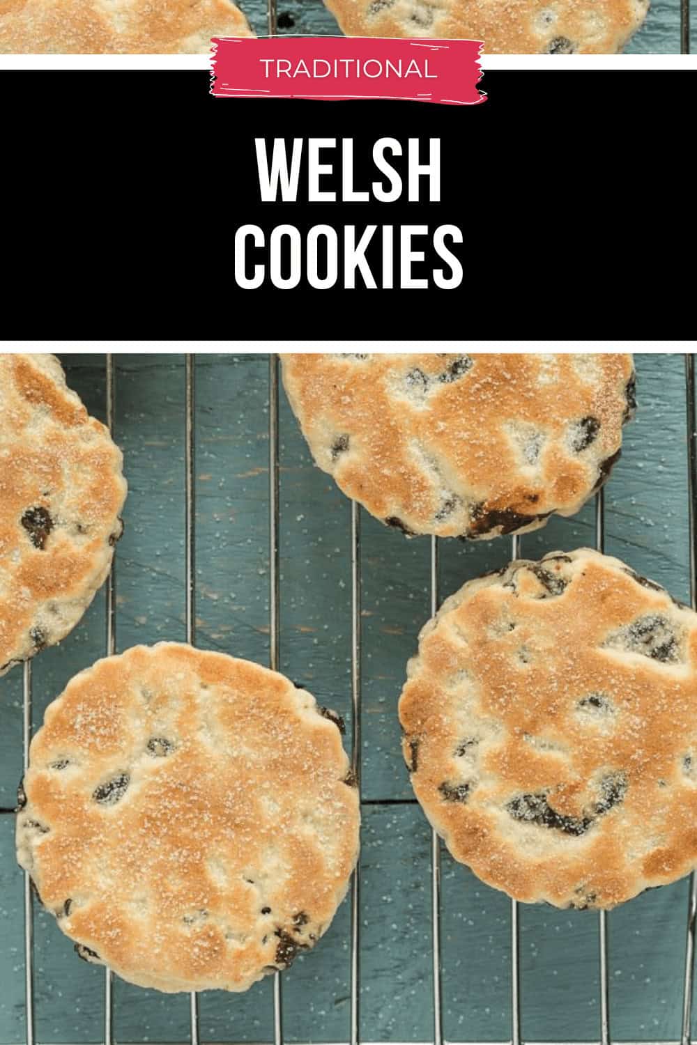 Five traditional Welsh cookies with raisins rest on a cooling rack, their aroma filling the air.