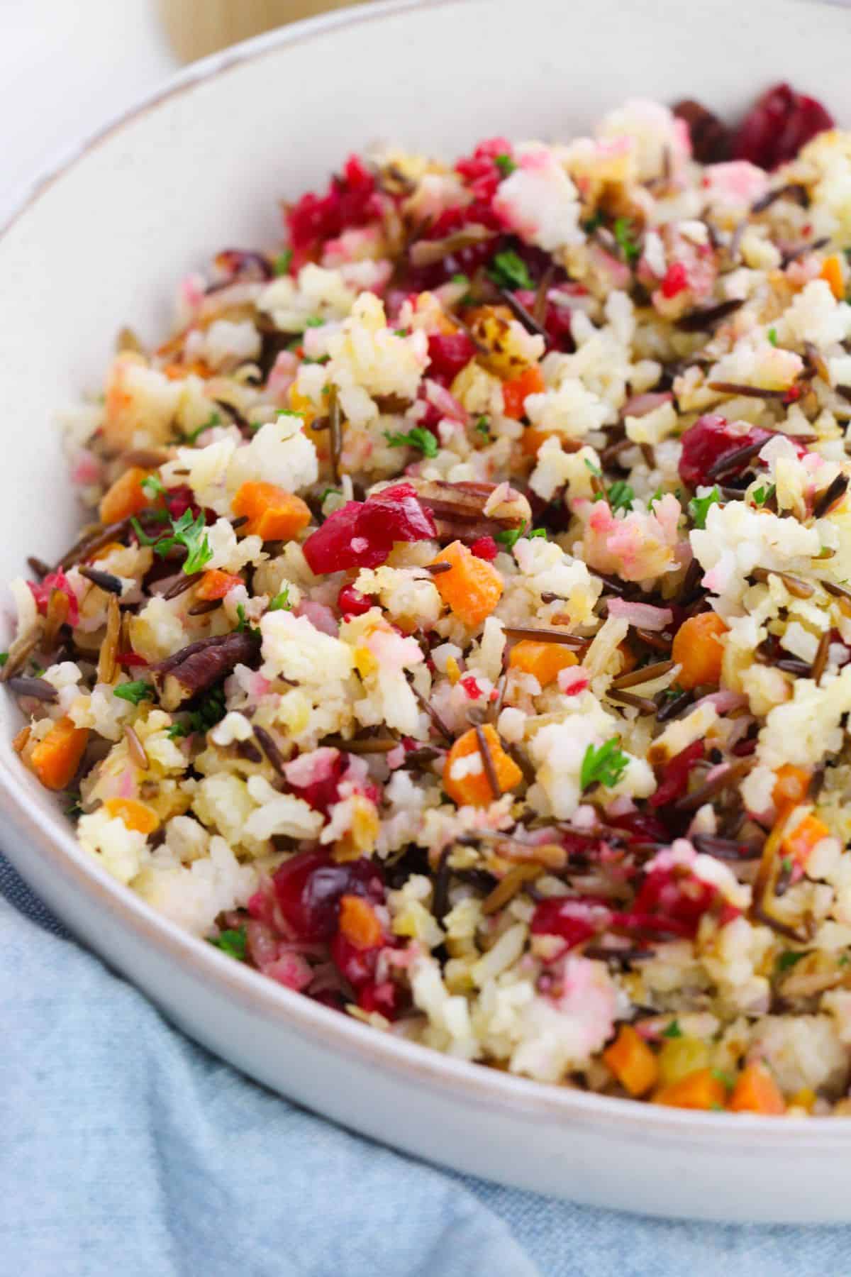 A side view of the finished wild rice pilaf.