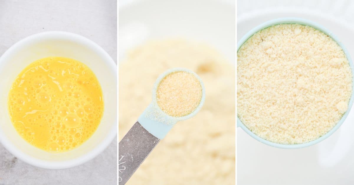 Three images: a bowl of beaten eggs, a teaspoon of pale yellow powder, and a measuring cup filled with almond flour—perfect ingredients to prepare for Air Fryer Steak Bites.