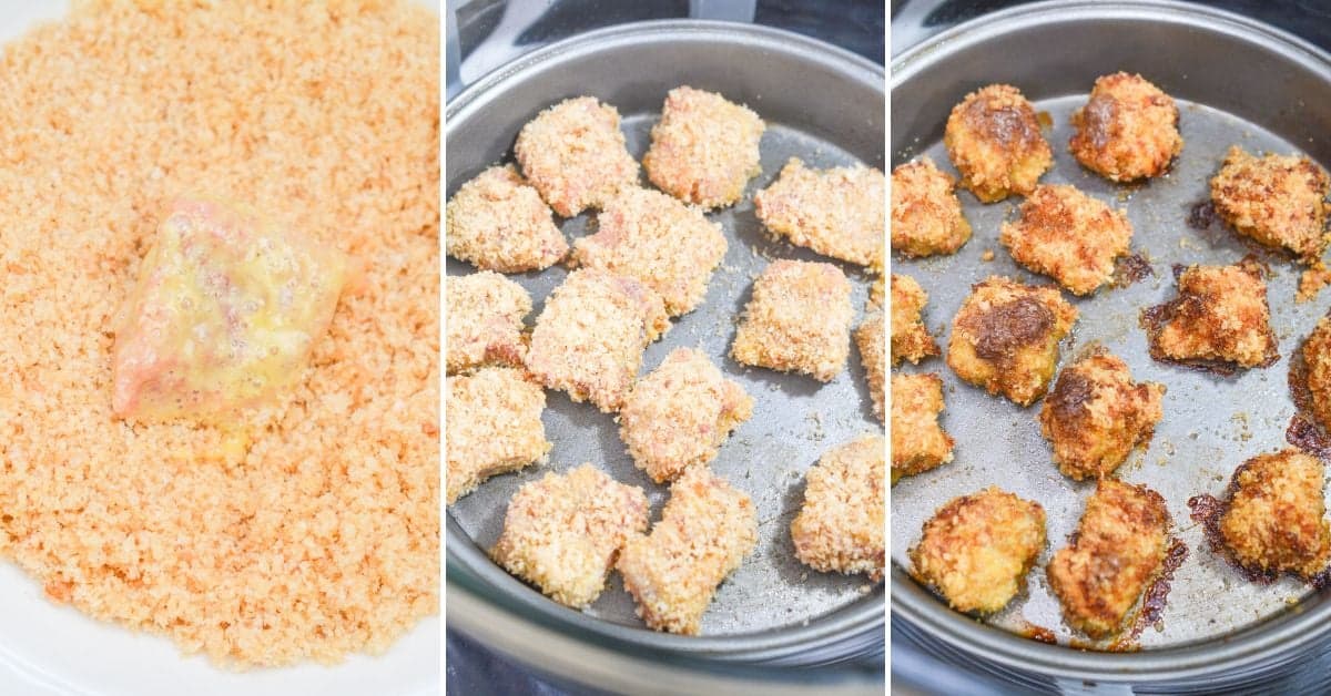 Three-panel image showing chicken pieces being breaded, placed in a baking pan, and then fully baked to a golden brown color—perfect for serving alongside Air Fryer Steak Bites for a delicious meal.
