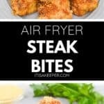 A plate of golden brown, breaded Air Fryer Steak Bites is shown from two angles, garnished with fresh parsley and served with a small dish of dipping sauce on the side. Text in the center reads "Air Fryer Steak Bites.