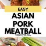 Plate of Asian Pork Meatballs garnished with chopped green onions, placed next to fresh green onions on a colorful napkin. Text overlay reads “Easy Asian Pork Meatballs.”.