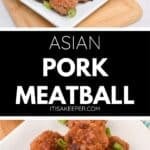 A white plate of Asian Pork Meatballs garnished with chopped green onions, served alongside a savory dipping sauce and fresh green onions in the background.