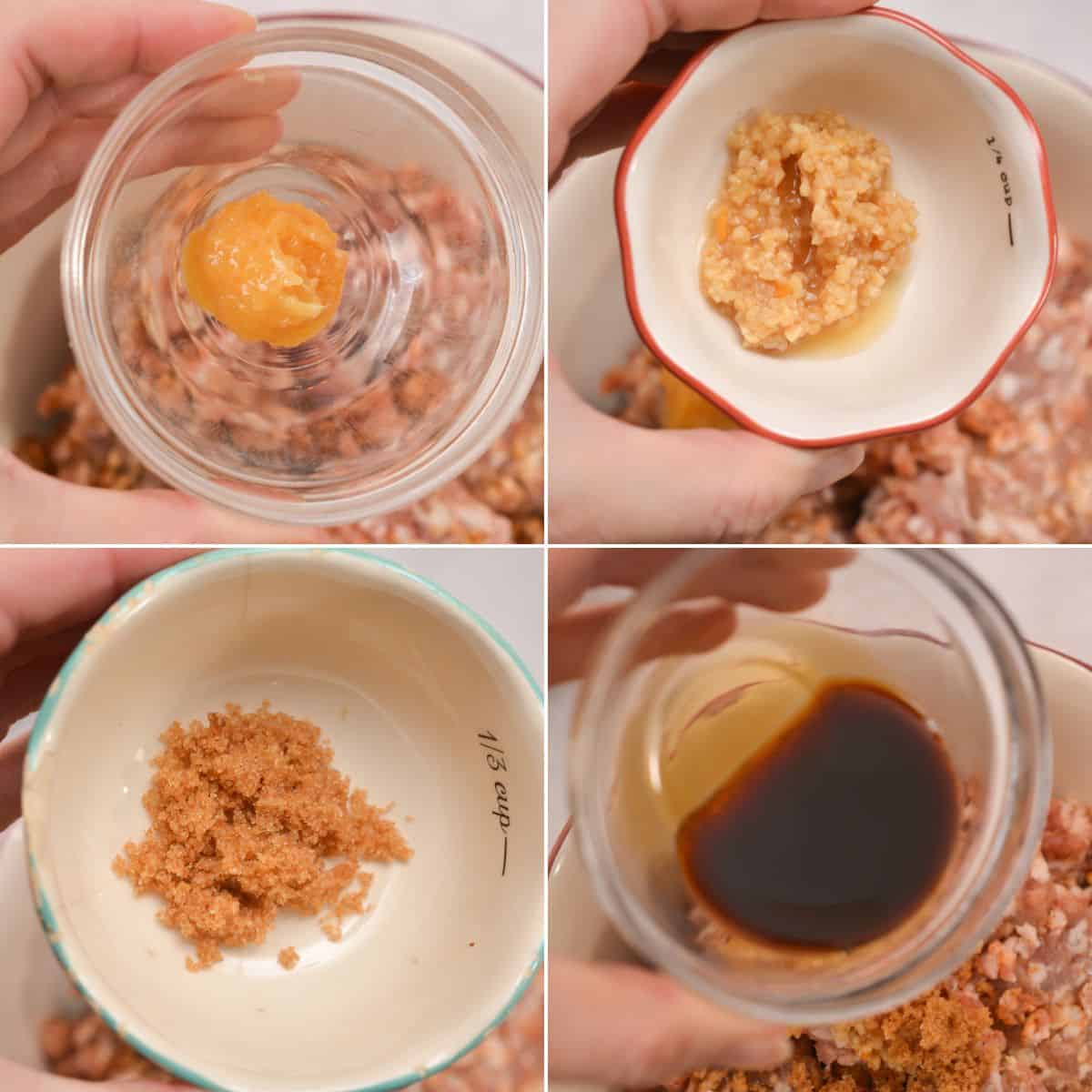 Four images show hands adding miso paste, minced garlic, brown sugar, and soy sauce to a bowl of ground meat, preparing the flavorful mixture for Asian Pork Meatballs.