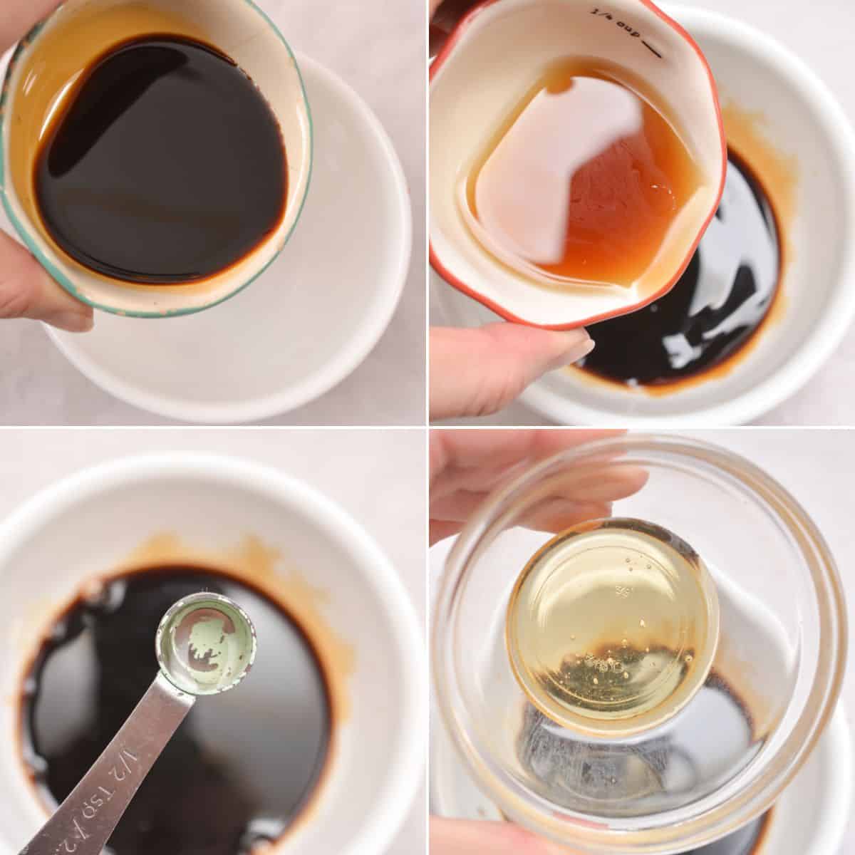 Four-panel image showing different liquids being poured into a bowl: dark brown, orange, and clear liquids, plus a spoonful of green powder, likely depicting sauce preparation for Asian Pork Meatballs.