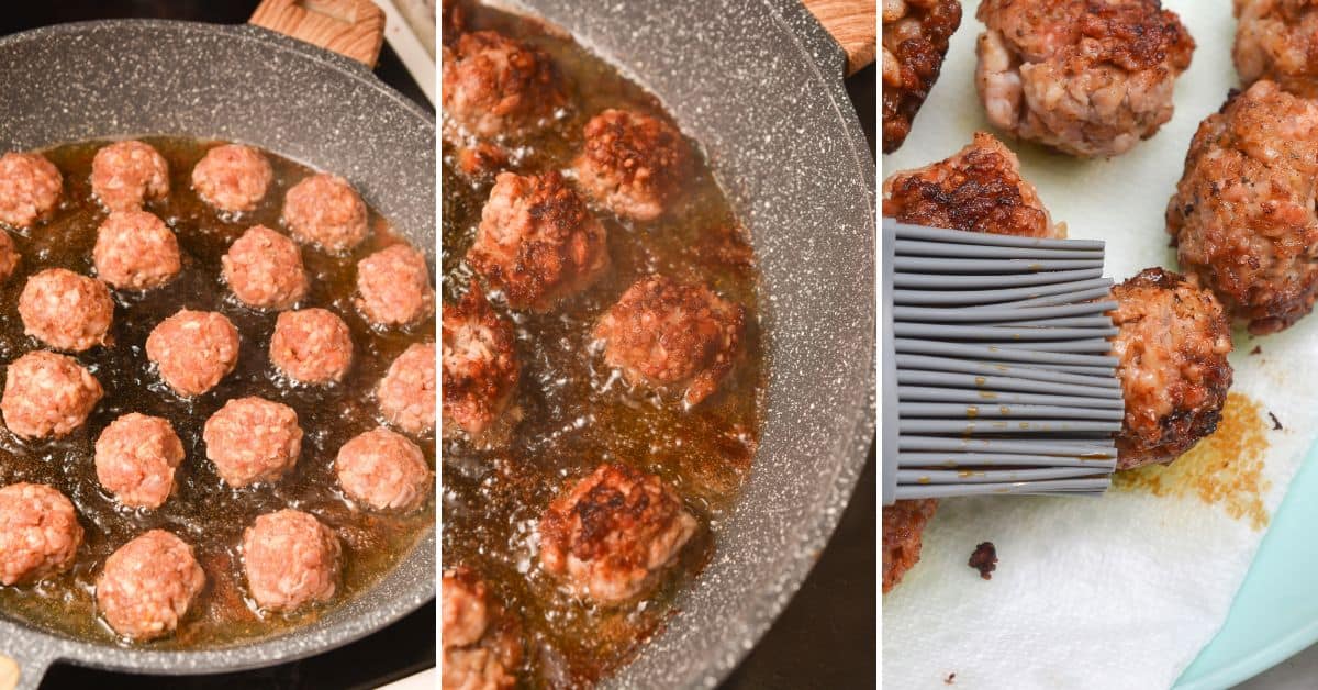 Three-step collage showing Asian Pork Meatballs frying in a pan, being browned, and then being brushed with sauce on paper towels.