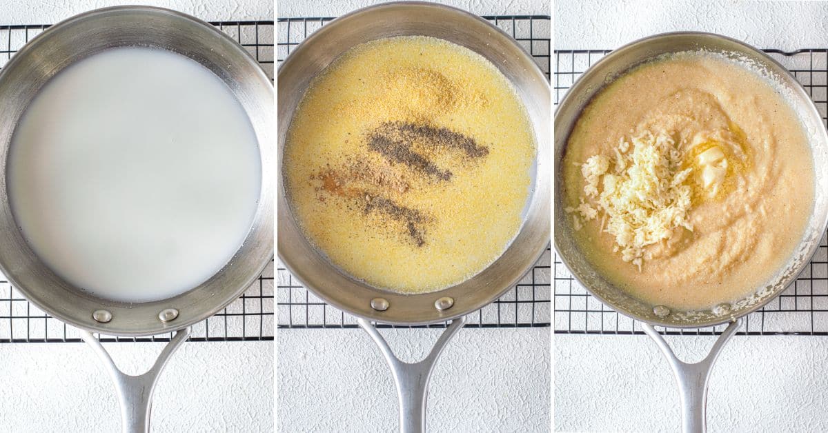 Three side-by-side images show a saucepan with milk, then with cornmeal, salt, and pepper added, and finally with grated cheese and butter being mixed in—the perfect base for Cajun Shrimp and Grits.