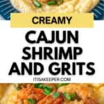 A plate of Cajun Shrimp and Grits features creamy grits topped with Cajun-seasoned shrimp and garnished with chopped green onions.