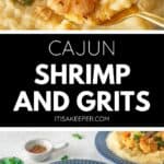 Cajun Shrimp and Grits features succulent shrimp in Cajun seasoning over creamy grits, garnished with chopped green onions and served on a blue plate.
