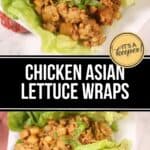 Four Asian Lettuce Wraps filled with seasoned ground chicken and garnished with chopped green onions, served on a white plate.