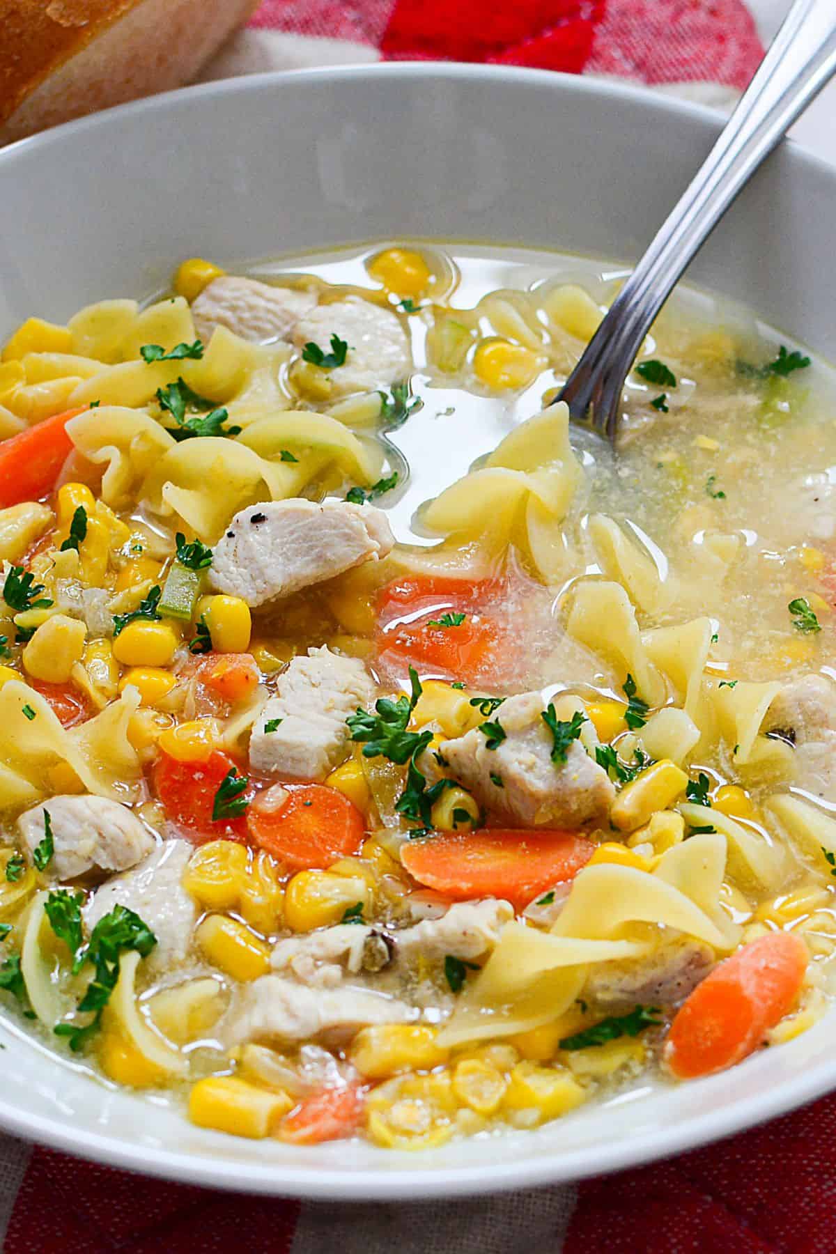 A bowl of Chicken Corn Noodle Soup with carrots, parsley, and tender pieces of chicken, with a spoon resting in the bowl.