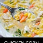 A close-up of a spoonful of Chicken Corn Noodle Soup shows corn, carrots, noodles, and tender chicken in a steaming bowl.