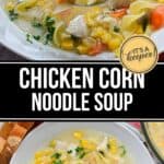 A bowl of Chicken Corn Noodle Soup with carrots, egg noodles, and parsley is shown, with a spoonful of the hearty soup lifted above the bowl.