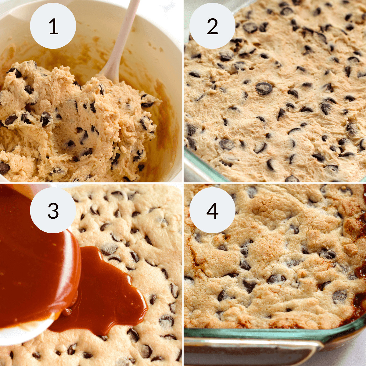 Pressing the cookie dough bars into the pan and then adding the caramel.