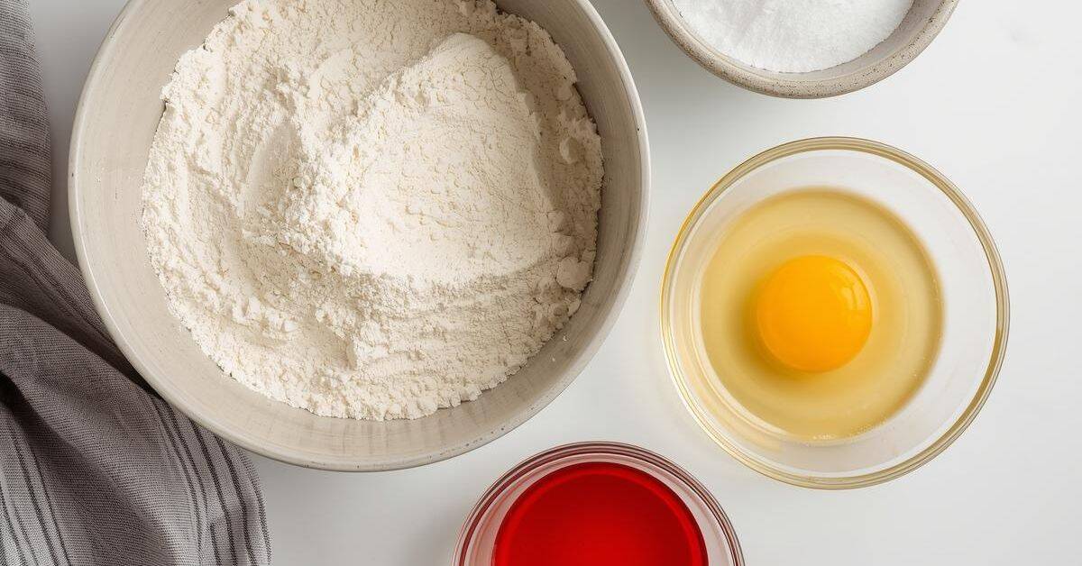 A bowl of flour, a bowl with a whole egg, sugar, and a cup of red liquid—ingredients for Red Velvet Cookies with Cream Cheese Frosting—are arranged on a white surface with a gray cloth.