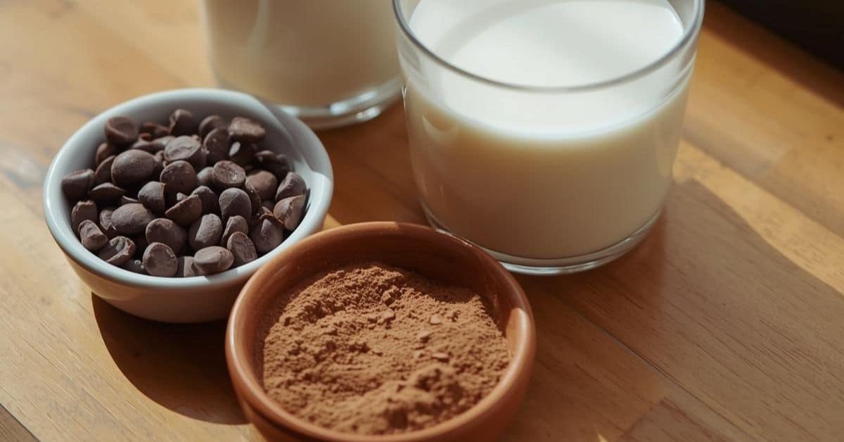 A glass of milk, a bowl of chocolate chips, and a bowl of cocoa powder are arranged on a wooden surface—perfect ingredients for making Slow Cooker Hot Cocoa.
