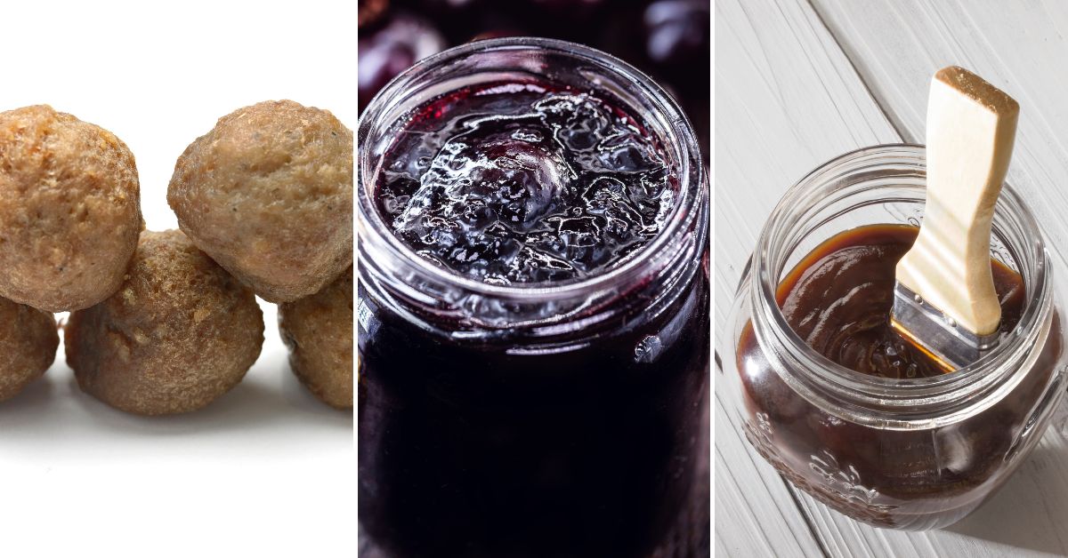 A jar of grape jelly and a jar of bbq sauce and meatballs.