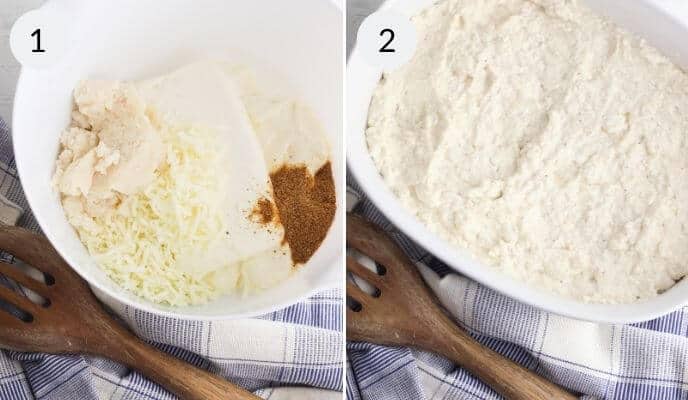 Two images of a mixing bowl with ingredients, numbered 1 and 2. Left: Unmixed cream cheese, crab, and seasoning. Right: Ingredients blended into a smooth dip. Wooden spoon and striped towel nearby.