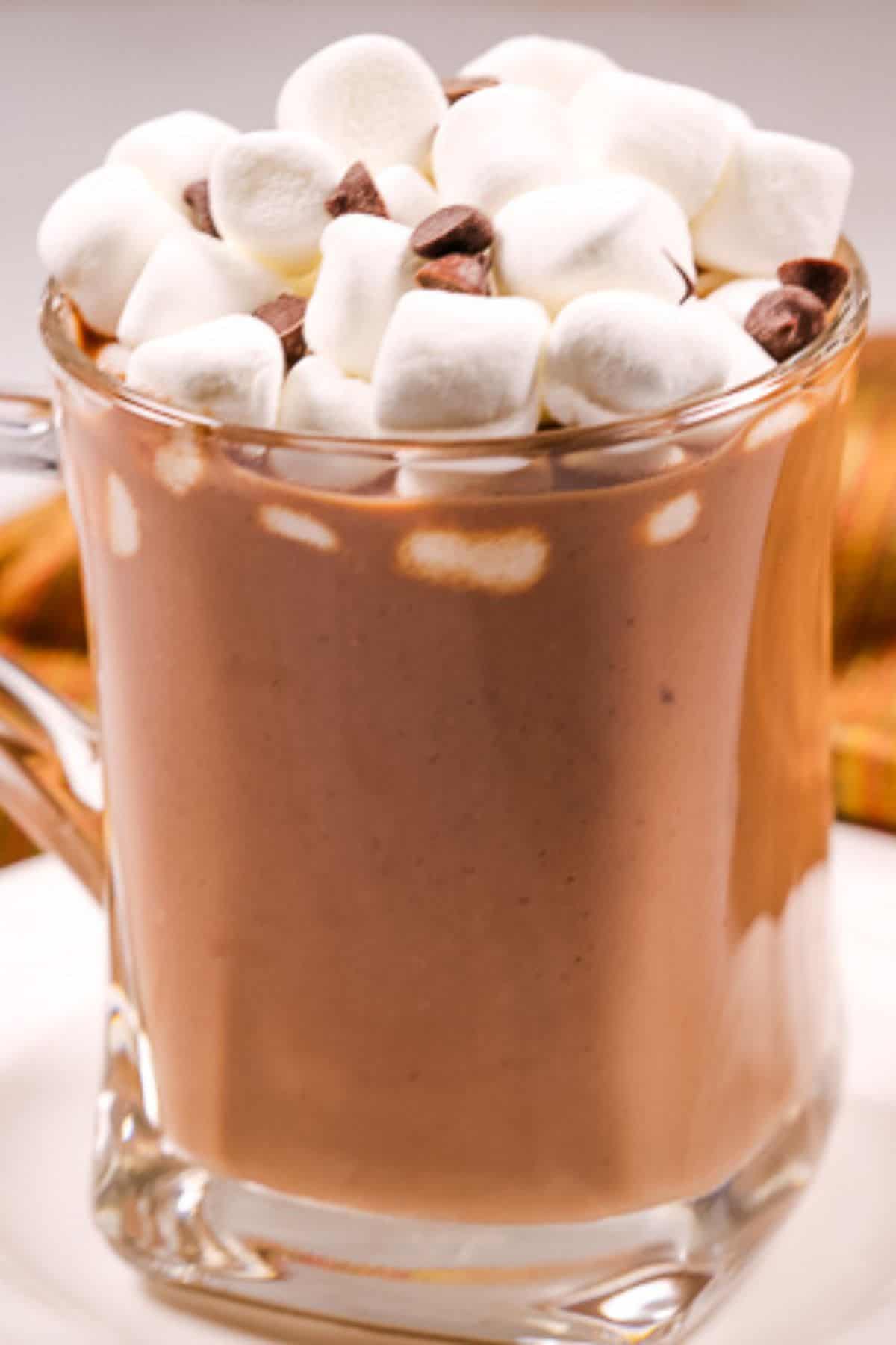 A glass mug , topped with mini marshmallows and a few chocolate chips.