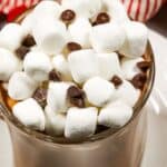 A glass mug filled with Slow Cooker Hot Cocoa, topped with mini marshmallows and chocolate chips, sits in front of a red and white striped cloth in the background.