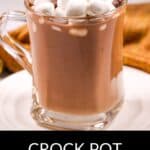 A glass mug of hot cocoa topped with mini marshmallows and chocolate chips sits on a white plate; text reads "Slow Cooker Hot Cocoa.